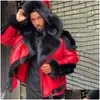 Men'S Fur Faux Mens Leather Winter Jacket Thicken Veet Collar Hooded Zipper Color Blockwork Fashion Red Men Drop Delivery Apparel Dhkzf