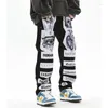 Herenjeans Graffiti Patchwork Blauw Zwart Paar Broek Rechte Streetwear Baggy Casual Denim Herenbroek