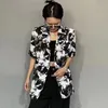 Ternos femininos de verão com estampa de leopardo, blazers de manga curta, jaquetas femininas, top fino, terno vintage, camisa, botões, solto, escritório, feminino, casacos coreanos