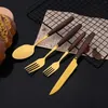 Flatware Sets 4/8/12Pcs Dinner Knife Dinnerware Wood Handle Gold Knives Cutlery Set Stainless Steel Western Kitchen Silverware