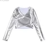 Camiseta Feminina Camiseta Feminina de Metal Brilhante Manga Longa Top Fashion Cross Wrap Top Crop Top Vestuário Festival Pole Dance Z230717