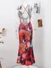 Elegant Tie Dye Floral Chiffon Dress For Women 2023 Summer Fashion Bandage Backless Lace Long Dresses Female Beach Evening Robe