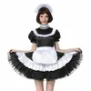 Sissy French Maid Lockable Black Satin Dress Costume Crossdress pieghettato Style294V