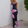 Casual Dresses Women Spaghetti Strap Dress Backless Printed Cocktail Maxi Sleeveless Summer Fashion Elegant Split Beach