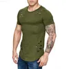 Men's T-Shirts Summer Men Cotton Ripped T-Shirt Fashion Solid Color Slim Fit O-Neck Short Sleeve Tshirts Tops Sports Fitness Club Pullover Tees L230715