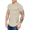 Men's T-Shirts Summer Men Cotton Ripped T-Shirt Fashion Solid Color Slim Fit O-Neck Short Sleeve Tshirts Tops Sports Fitness Club Pullover Tees L230715