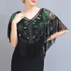 Bufandas Década de 1920 Lentejuelas Mantón de mujer Borlas transparentes Capa con cuentas Faux Pearl Fringe Sheer Mesh Wrap