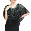 Scarves 1920s Sequined Women Shawl See-through Tassels Beaded Cape Faux Pearl Fringe Sheer Mesh Wrap