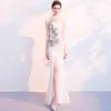 Этническая одежда в китайском стиле женский вышивка цветочный платье русалка Стрим сексуальная высокая сплита вечерняя вечеринка Cheongsam Белая подружка невесты 322i