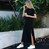 Urban Sexy Dresses Summer Korean Style Midi Dres Casual Black Long Plus Size Short Sleeve Side Open Party Maxi T Shirt 230714