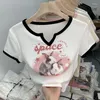 Women's T Shirts Y2K Patchwork Kawaii Print Tshirt Summer Short Crop Tops Sweet Camisetas Korean Shirring Tees O Neck White