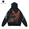 Hip Hop Men Hooded Sweatshirt Japon tarzı işlemeli fermuar kapşonlu vintage ejderha Phoenix baskı sonbahar kazak