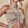 Camisetas sin mangas de verano para mujer, Tops recortados de Color sólido sin mangas con cuello en V, chaleco de punto con cordón