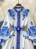 Urban Sexy Dresses Fashion Blue And White Porcelain Flower Print Dres Clothing Long Lantern Sleeve Single Breasted Belt Vintage Vestidos 230714