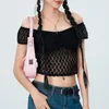 Camisetas femininas Crop tops transparentes com renda básica ombro a ombro manga curta cor sólida T-shirts slim fit fashion Streetwear