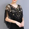 Scarves 1920s Sequined Women Shawl See-through Tassels Beaded Cape Faux Pearl Fringe Sheer Mesh Wrap