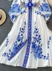 Urban Sexy Dresses Fashion Blue And White Porcelain Flower Print Dres Clothing Long Lantern Sleeve Single Breasted Belt Vintage Vestidos 230714