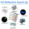 Appâts Leurres 10Pcs Saltwater UV Squid Jig brillent dans le noir Appâts à crevettes Octopus seiche Leurre lumineux Squid Matériel de pêche Taille 2.5 # 3.0 # 230715