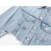 Cover-up Traf Croped Denim Jacket Kvinnor Blue Jean Jackets för kvinnor 2023 Lång ärm Bomber Jacket Woman Streetwear Ripped Jackets rockar