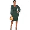 Robes décontractées POFGD 2023 Pure Color Lady Mid Long Dress Design High Street Style Women Sleeve Deep V