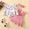 Ensembles de vêtements Né bébé fille vêtements 3 pièces coton impression florale à manches longues col rond barboteuse dentelle jarretelle jupe chapeaux 0-24M