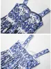 Urban Seksowne sukienki Summer Hoiday Niebiesko -biały porcelanowy kwiat Bawełniany Dres Spaghetti Pasek zamek błyskawiczny