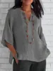 Camicia casual allentata tinta unita in cotone lino con scollo a V estivo da donna