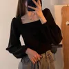 Women's T Shirts 2023 For Women Square Collar Crop Top Long Sleeve Tee Clothes Harajuku Tshirts Oversized Shirt Stitch Black T-shirts