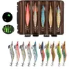 Appâts Leurres 10Pcs Saltwater UV Squid Jig brillent dans le noir Appâts à crevettes Octopus seiche Leurre lumineux Squid Matériel de pêche Taille 2.5 # 3.0 # 230715