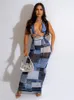Vestidos casuais 2023 Sexy Summer Outfits Bodycon Sleeve Halter Dress Women Streetwear Maxi Blue Print Party Club Mesh For