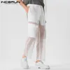 Herrbyxor män mesh lapptäcke knappkläder transparenta raka byxor 2023 fickor joggar mode pantalon s 5xl incerun 230714