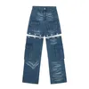 Jeans masculino retrô botões design destacável cargo largo calça masculina de perna reta envelhecida macacão jeans lavado feminino 2023