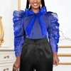 Women's Blouses Sexy Blue Transparent Blouse & Shirts For Women Bow Docoration Puff Sleeve Evening Night Party Club Wear Tops 2023