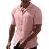 Mannen Casual Shirts Katoenen Garen Geplooide Revers Button Shirt Voor Mannen Effen Kleur Korte Mouw Vintage Kleding Vest 2023