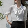 Camicette da donna Summer Loose Top da ufficio da donna Camicetta con papillon Moda maniche a tre quarti Camicia abbottonata da donna Elegante bianco da lavoro