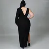 Robes grande taille WUHE femmes robe de soirée mi-longue côté haut fendu froncé une manches longues découpé épaule col en v moulante Maxi