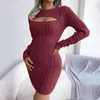 Casual Dresses Mode Twist Strickpullover Kleid Frauen 2023 Hollow Out Wrap Hip Mini Herbst Winter Hohe Taille Langarm Slim