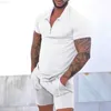 Men's T-Shirts New Mens 2 Piece Set Solid Zipper Polo Shirt And Shorts Suit 2023 Summer Casual Tracksuits Vintage Outfits Streetwear Male L230715