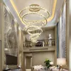 Żyrandole nowoczesne luksusowe pierścienie krystaliczne oświetlenie żyrandolowe długie schody dupleks halla sufit Cristal wisnięcie zawieszenia