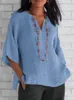 Camicia casual allentata tinta unita in cotone lino con scollo a V estivo da donna