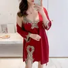 Women's Sleepwear Summer Pink Robe Set Women Nighty&Robe Lace Trim Kimono Gown Faux Silk Sleep Female 2PCS Nightwear Home Clothing