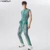 Herrbyxor 2023 män jumpsuits mesh slips färgämne dragkedja ärmlösa sexiga rompers transparent streetwear mode overaller med bälte incerun s 5xl 7 230715