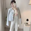 Vestes pour femmes petit parfum Style élégant recadrée Tweed veste femmes 2023 printemps perle bouton court manteau Vintage à manches longues vêtements d'extérieur