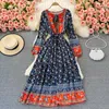 Casual Dresses Bohemian Women's Dress Vintage Floral Printing A-Line Ankle-Längd Puff Sleeve O-Neck Lace-Up Hollow Out Beach Vacation