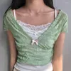 Camisetas femininas Lace Patchwork Sweet Tee Bow Kawaii Y2K Estética Crop Tops Verão Mangas Curtas Bonito Decote em V Roupas Slim