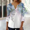 Kvinnors T-skjortor T-shirt Summer Fashion V-Neck 3/4 Sleeve Tops Tees Casual Floral Print Shirt For Women Clothing Girls Y2K kläder