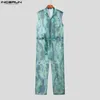 Pantaloni da uomo 2023 Tute da uomo Mesh Tie Dye Cerniera Senza maniche Pagliaccetti sexy Trasparente Streetwear Moda Tuta con cintura INCERUN S 5XL 7 230715