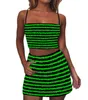 Summer Women Two Piece Dress Outfits kjol Set Flocking Black White Stripes Mönster Spaghetti Rem Croped Top och Mini Dresses Red Blue Green