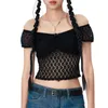 Camisetas femininas Crop tops transparentes com renda básica ombro a ombro manga curta cor sólida T-shirts slim fit fashion Streetwear