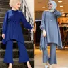 Ethnische Kleidung Muslimische Frauen Lange Tops Islamische Sets Blau Graue Hosen Abayas Dubai 2021 Türkei Outfit Ramadan Gebetskleidung 2 Stück2872